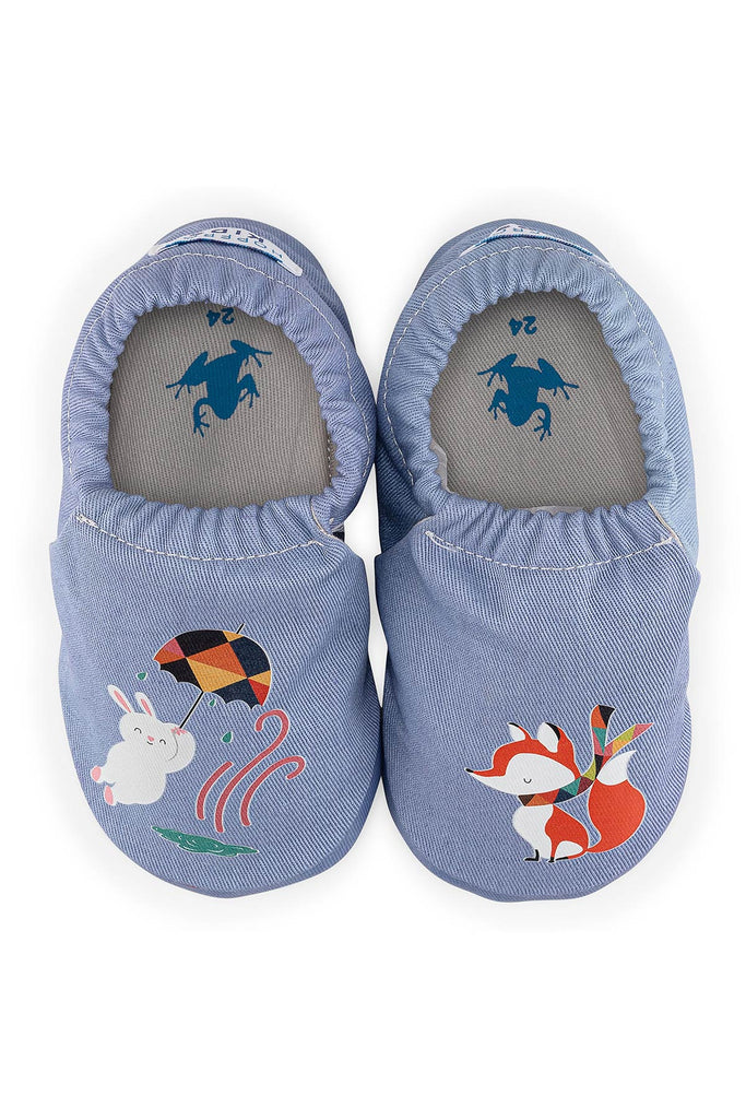 Jack Rabbit Hyper - Denim Blue- Barfuß Kitaschuhe & Hausschuhe - Hopfrög Kids aus weicher 100 % Baumwolle - OrthoFlex® Einlegesohle- BioVegan® Leder - WikoBaby