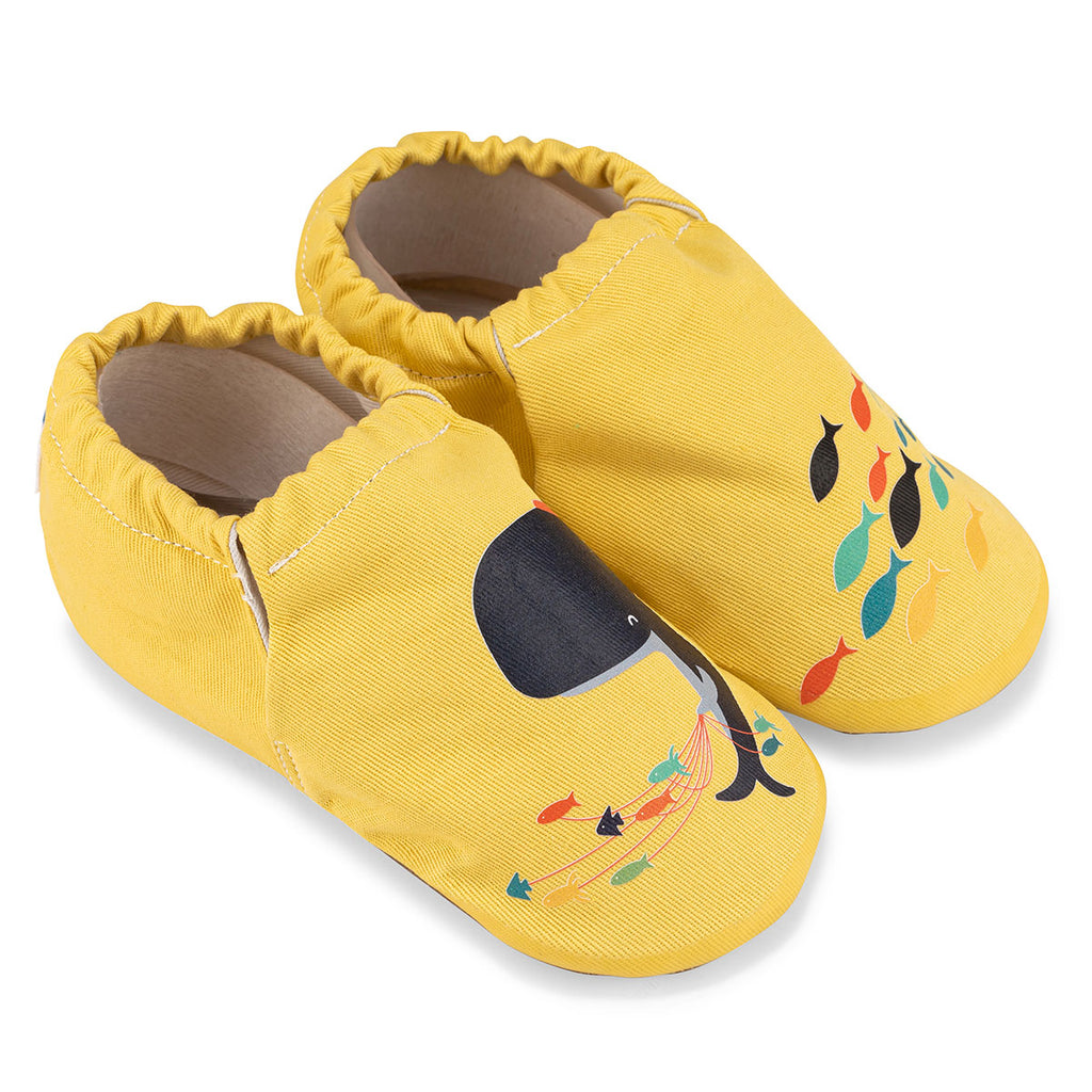 Journey Hyper - Beach Yellow - Barfuß Kitaschuhe & Hausschuhe - Hopfrög Kids aus weicher 100 % Baumwolle - OrthoFlex® Einlegesohle- BioVegan® Leder - WikoBaby