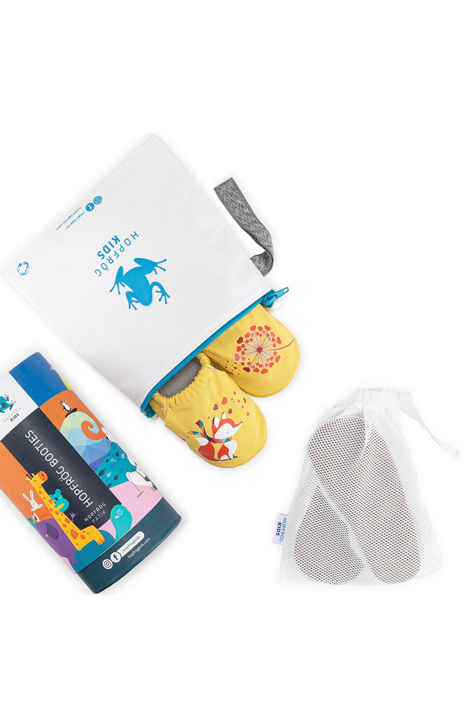 Dear Fox Hyper - Beach Yellow - Barfuß Kitaschuhe & Hausschuhe - Hopfrög Kids aus weicher 100 % Baumwolle - OrthoFlex® Einlegesohle- BioVegan® Leder - WikoBaby