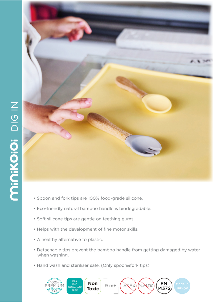 Minikoioi Scoops- Baby und Kinderlöffel (2 Stück) -100 % aus Lebensmittelqualität Silikon und Bambus - WikoBaby