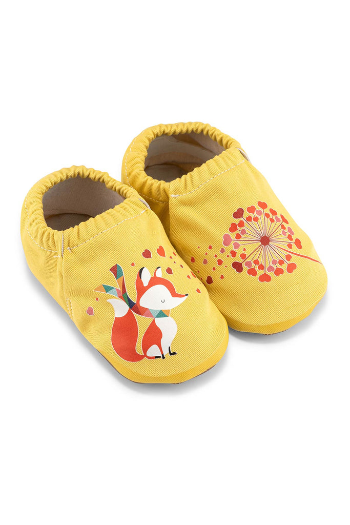Dear Fox Hyper - Beach Yellow - Barfuß Kitaschuhe & Hausschuhe - Hopfrög Kids aus weicher 100 % Baumwolle - OrthoFlex® Einlegesohle- BioVegan® Leder - WikoBaby